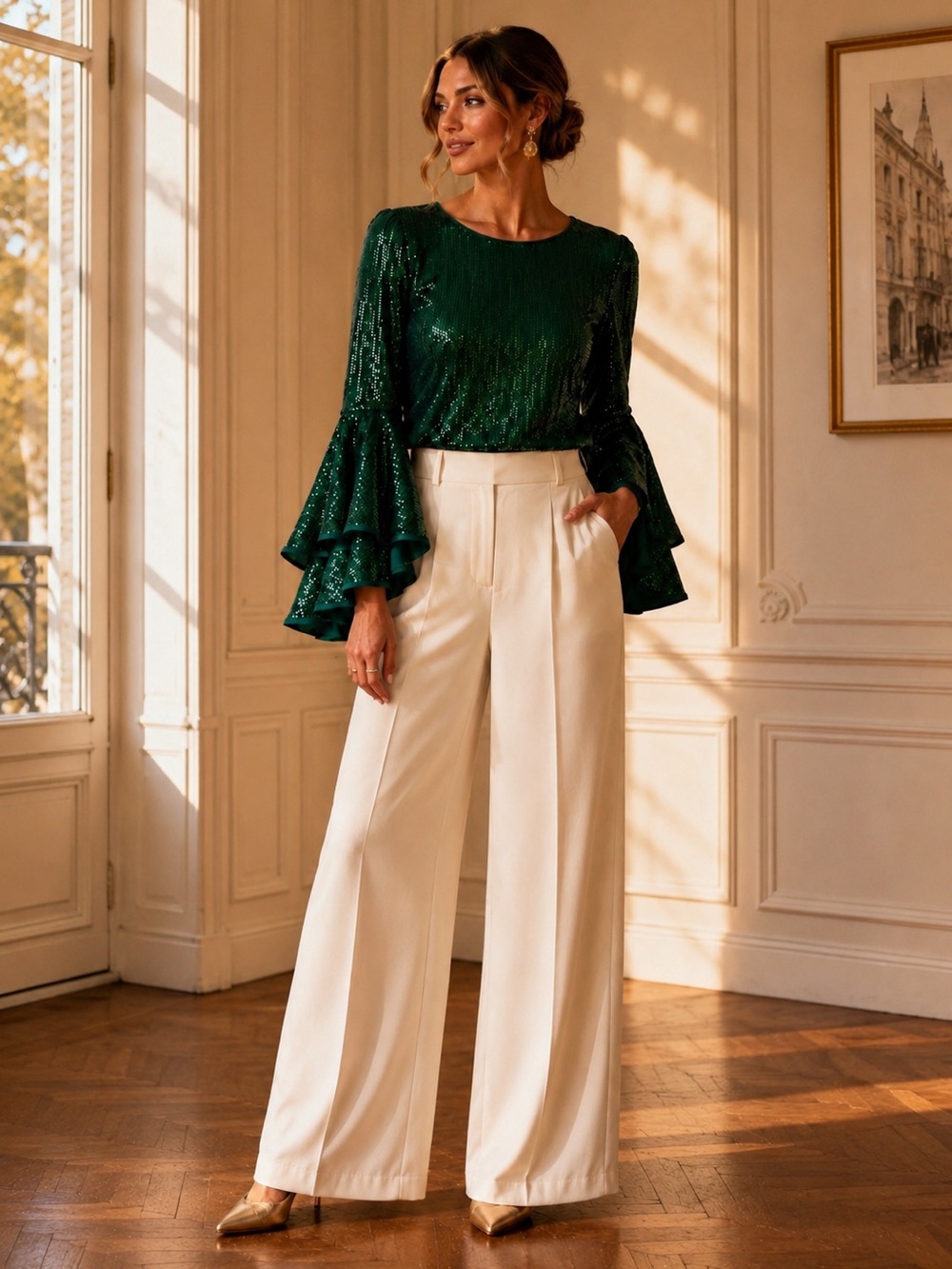 NWT Vince Camuto Emerald Green Sequin Bell Sleeve Top XS Holiday